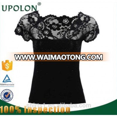 OEM women sleeve t shirt Black hollowed lace cotton t shirt Custom best fashion casual t shirt